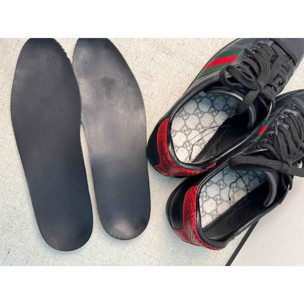 Gucci Ace Low Top Sneakers Black Leather Web Stripe Men's 9 Authentic w/ Box